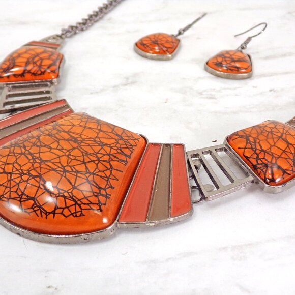 Large orange and black statment necklace and earring set w/ domed cabochon beads - Picture 2 of 7